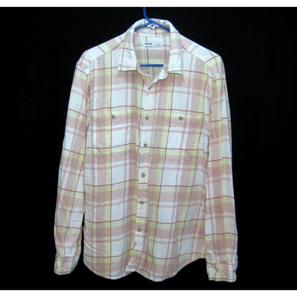 SONOMA Men's (Size Large) Pink Yellow Plaid Flannel Button Front Shirt Cotton